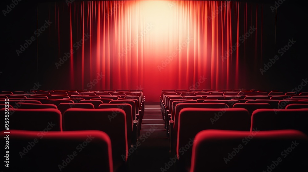 Fototapeta premium A vibrant stage with red curtains and empty seats, creating an inviting atmosphere for performances and audiences.