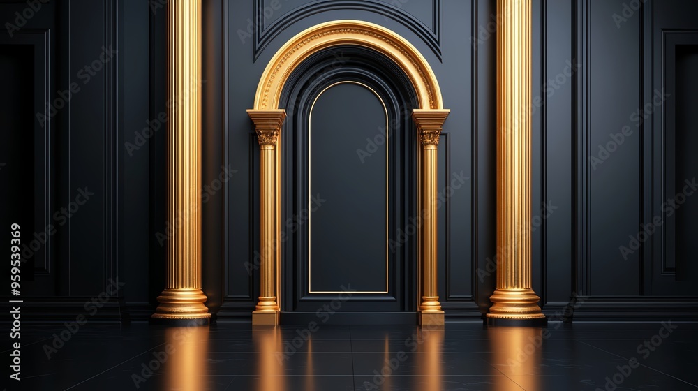 Naklejka premium Elegant golden archway against a dark wall, creating a luxurious and sophisticated atmosphere for interior design.