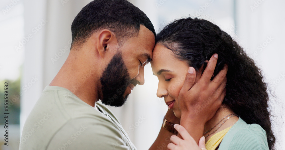 Fototapeta premium Love, embrace and couple in home with care in happy relationship together for trust, support and security. Romance, man and woman in apartment with smile, partnership and commitment in marriage