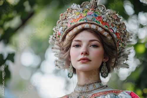 Portrait of a Russian woman in traditional sarafan and kokoshnik, Russia photo