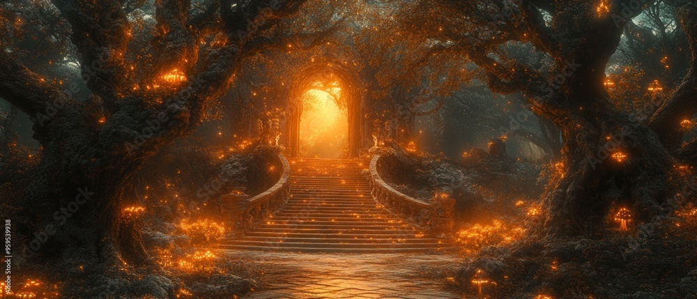 Stone Stairway Leading to a Glowing Archway in a Mystical Forest Stone Stairway Leading to a Glowing Archway in a Mystical Forest