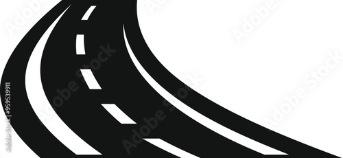 Black and white illustration of a winding road disappearing around a curve