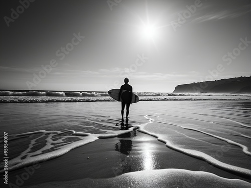 A surfer silhouette walking out of the sea with a surfboard, ocean waves, black and white photography of summer activity or hobby