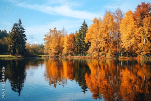 Colorful autumn foliage reflecting on a tranquil lake in a serene landscape. Generative AI