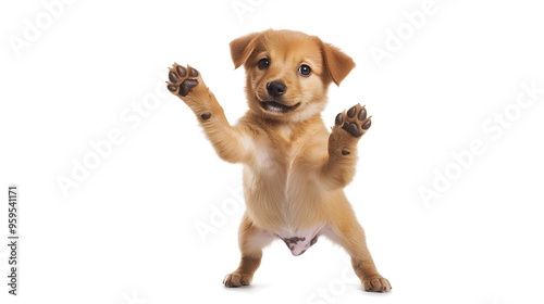 Adorable puppy standing on hind legs, playfully waving front paws, isolated on a white background, showcasing playful and energetic behavior, perfect for pet-related themes and family-friendly content photo