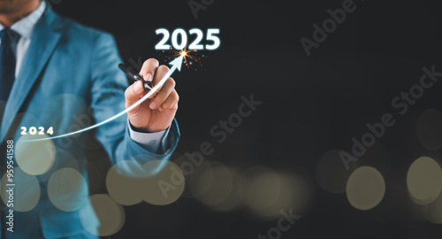 2024 new year opportunity concept. Business start up, target, goal action plan success growth, market trend 2023-2024. Annual plan development. Businessman, increase arrow challenge business strategy