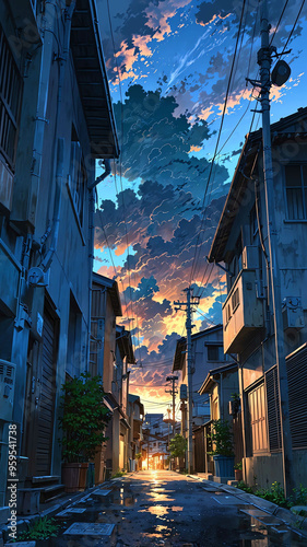 anime storm clouds looming over narrow alleyways background art design backdrop