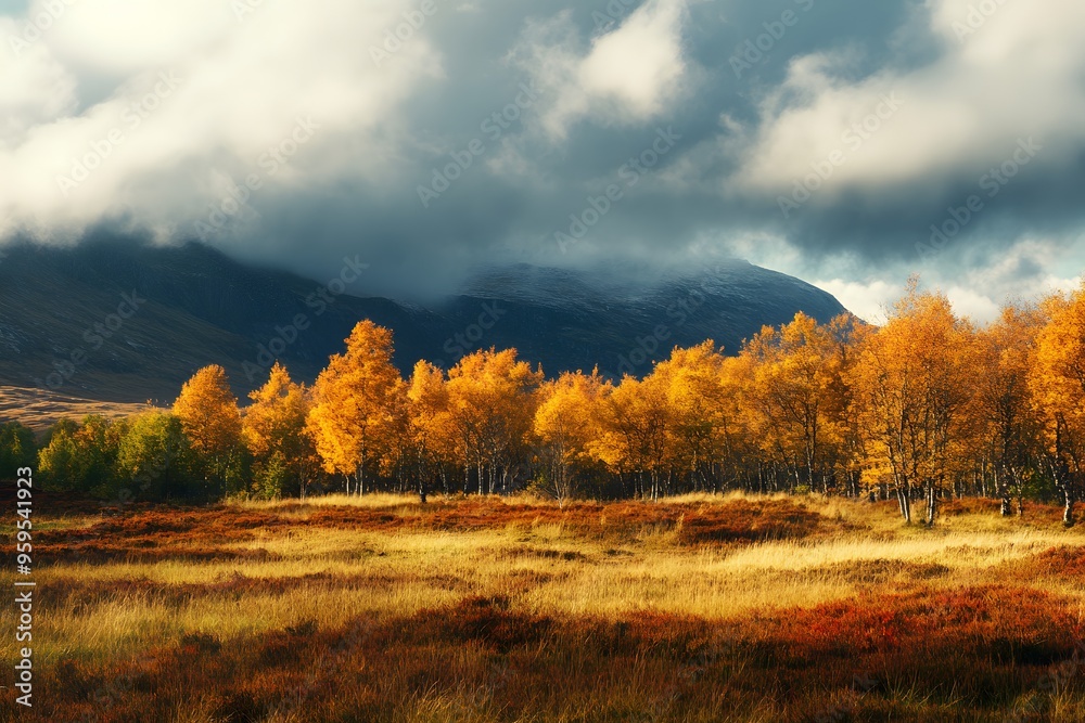 Fototapeta premium Golden autumn trees against a dramatic sky in a mountain landscape. Generative AI