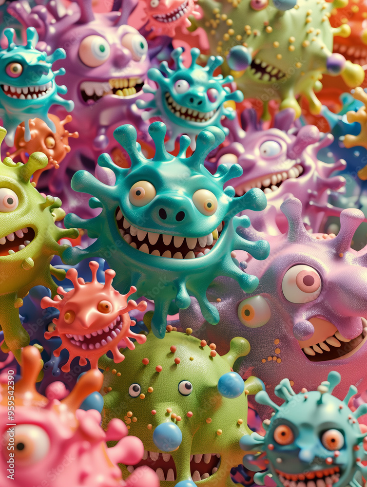 cartoon versions of toothy coronavirus bacteria with enlarged details and various colors cartoon versions of toothy coronavirus bacteria with enlarged details and various colors