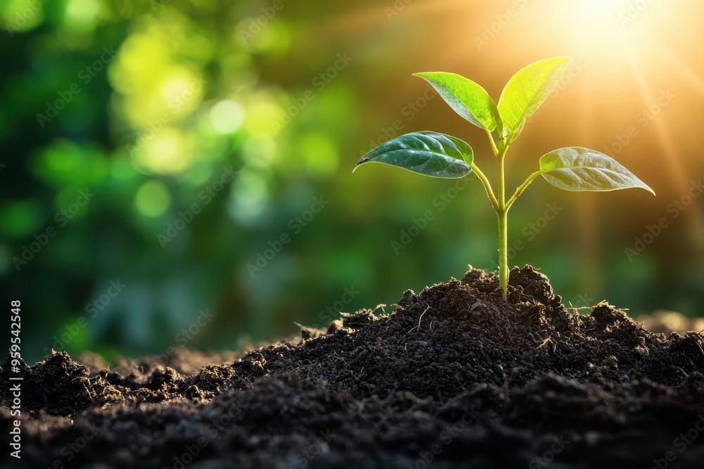 Young plant seedling in rich soil with a blurred background Young plant seedling in rich soil with a blurred background