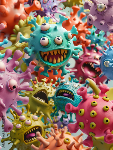 cartoon versions of toothy coronavirus bacteria with enlarged details and various colors