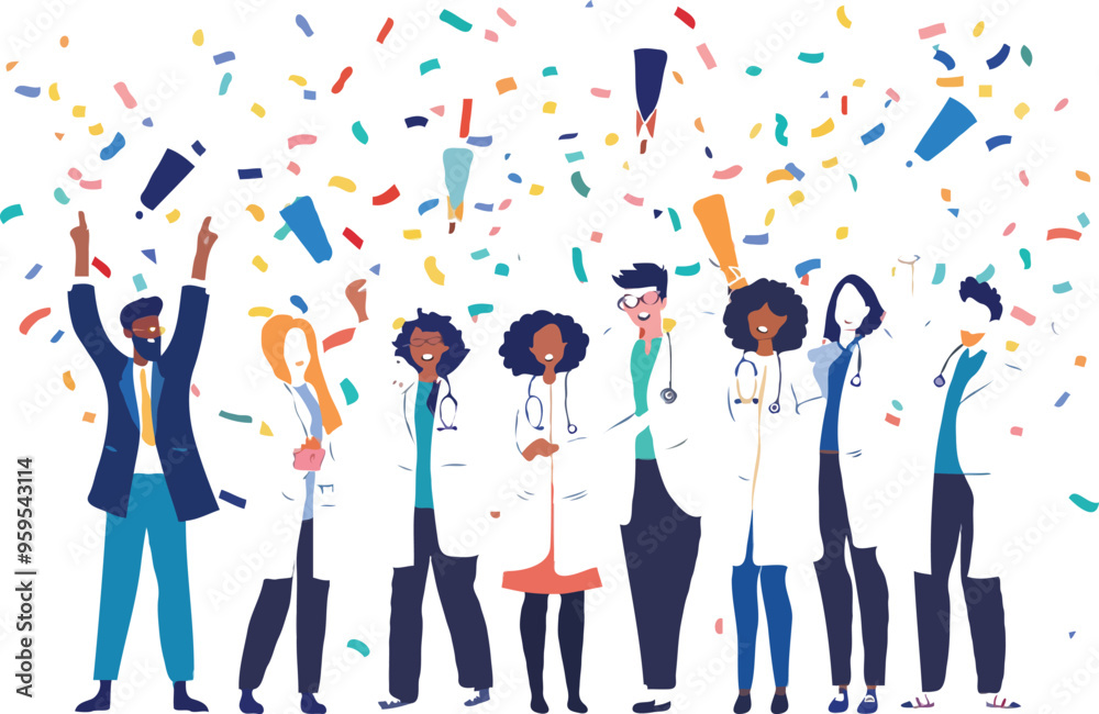 mixture of male and female med students celebrating Match Day, flat illustration, white background mixture of male and female med students celebrating Match Day, flat illustration, white background