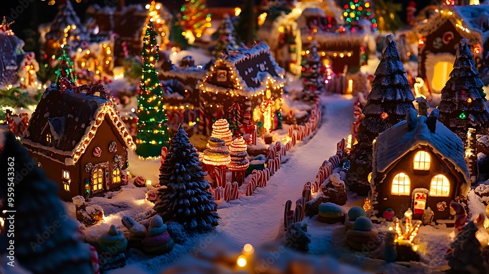 Fototapeta premium A festive gingerbread wonderland filled with cookie houses, candy cane fences, and trees made of cotton candy, all illuminated by glowing gumdrop lights