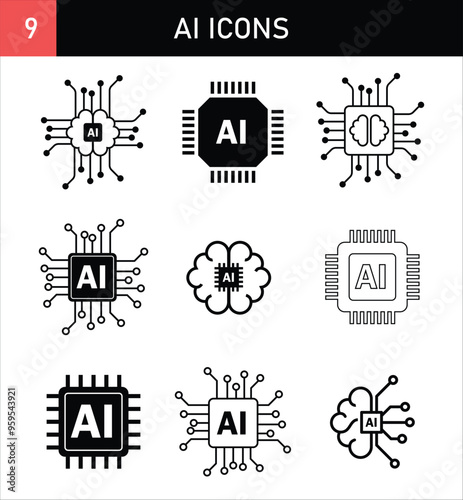 AI Artificial Intelligence Processor Chip and Human Brain Iconset Symbol