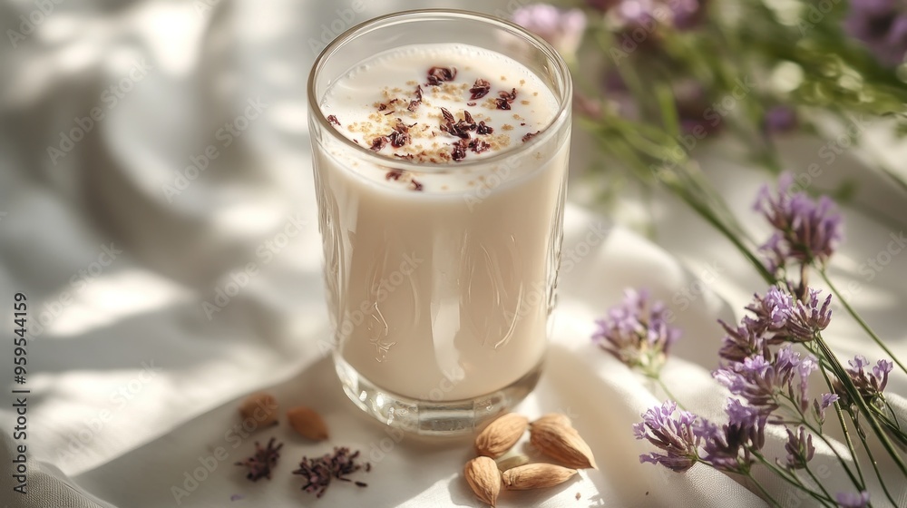 A glass of almond milk with chocolate chips and almonds on a white background with lavender flowers. A glass of almond milk with chocolate chips and almonds on a white background with lavender flowers.