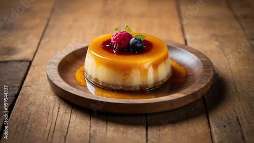 mexican desserts dish flan isolated on a wooden plate, concept for advertisement background