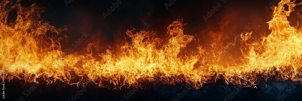 Bright flames flicker and dance along the edge, creating a vivid border in the darkness, showcasing the raw energy and heat of fire at nighttime Bright flames flicker and dance along the edge, creating a vivid border in the darkness, showcasing the raw energy and heat of fire at nighttime