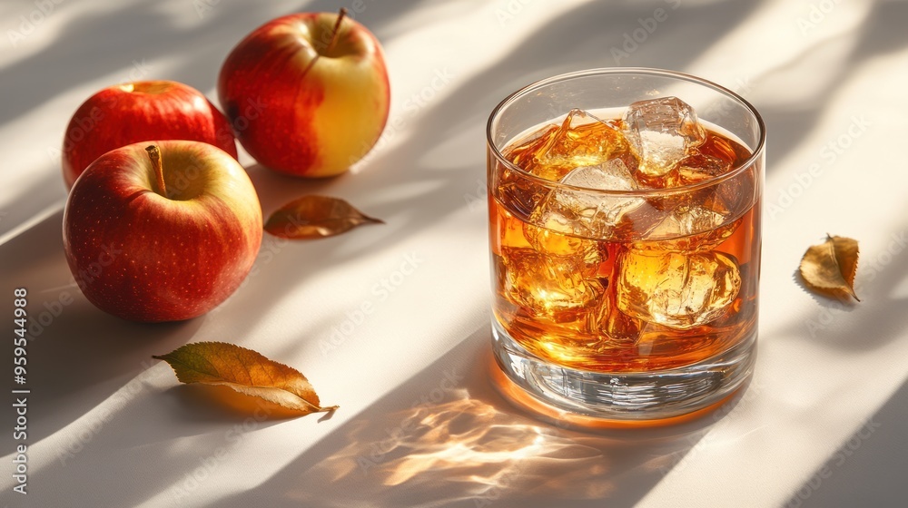 A glass of iced apple juice with three whole apples and autumn leaves on a white surface. A glass of iced apple juice with three whole apples and autumn leaves on a white surface.