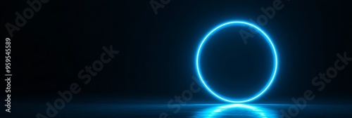 A glowing geometric circle in neon blue captivates attention with its sharp contrast against the dark backdrop, highlighting modern design elements and vibrant color dynamics