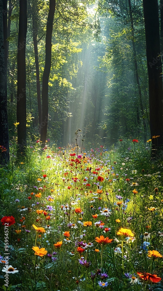 Sunbeams shining through the trees onto a beautiful field of wildflowers. Sunbeams shining through the trees onto a beautiful field of wildflowers.