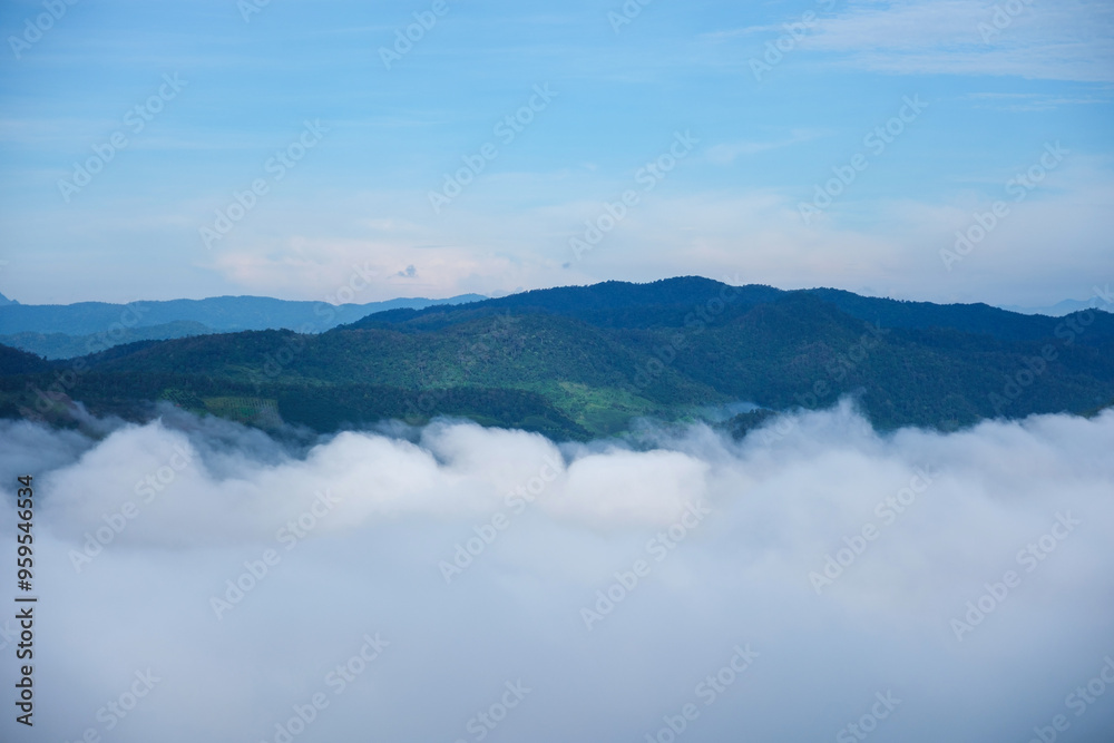 Obraz premium Landscape image of greenery mountains with sea of clouds and blue sky