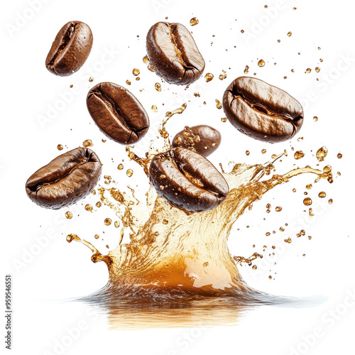 Dynamic splash of coffee with flying beans, capturing the essence of freshness and energy in every drop.