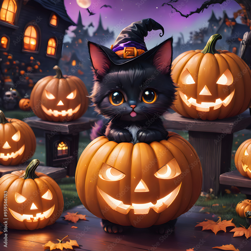 Un lindo gatito negro rodeado de calabazas de halloween Un lindo gatito negro rodeado de calabazas de halloween