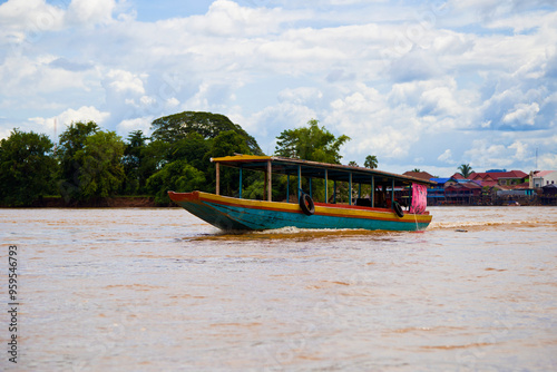 Taxi Boats on Don Det island in south Laos. Landscape of nature taken on four thousands islands (Si Phan Don) on Mekhong river in Laos. photo