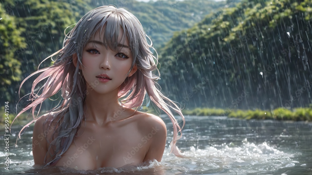 semi realistic artwork close up beautiful japanese or asian women under the rains and snow with cool background semi realistic artwork close up beautiful japanese or asian women under the rains and snow with cool background