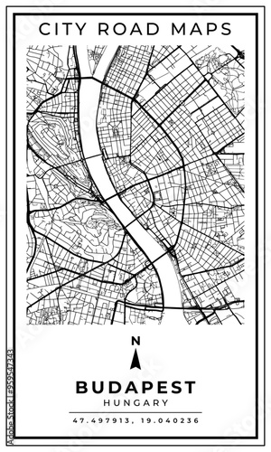 Photography Monochrome Line Art Map of Budapest Capital City of Hungary, Illustration and ho