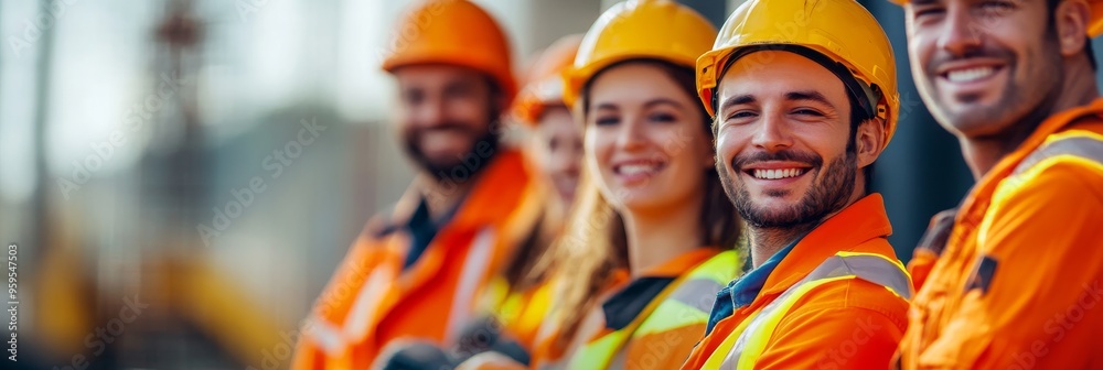 A group of construction workers stands proudly at a construction site, wearing bright uniforms and safety gear while smiling and enjoying their time together A group of construction workers stands proudly at a construction site, wearing bright uniforms and safety gear while smiling and enjoying their time together
