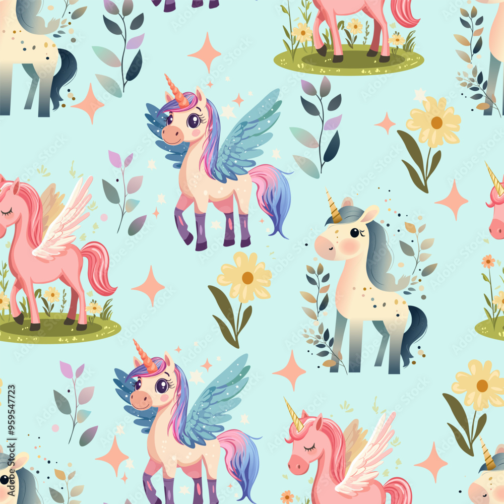 Obraz premium Baby fashion pattern design with cute unicorn, cloud, rainbow and flower drawing. Seamless pattern. Kids fashion