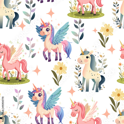 Baby fashion pattern design with cute unicorn, cloud, rainbow and flower drawing. Seamless pattern.  Kids fashion