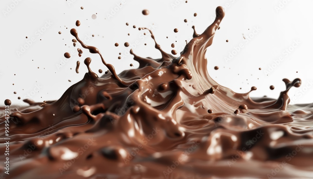 Brown chocolate liquid splashing on a white background with drops of sweet cocoa and cream flowing in an abstract closeup. Brown chocolate liquid splashing on a white background with drops of sweet cocoa and cream flowing in an abstract closeup.
