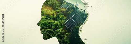 A human head silhouette is creatively filled with lush green landscapes and renewable energy sources, emphasizing the connection between nature and sustainability