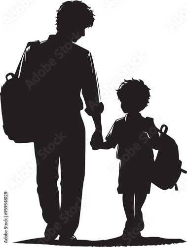 A father is taking his child to school