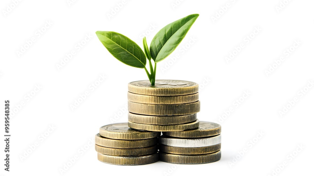Green plant growing from a stack of gold coins, symbolizing financial growth, sustainability, and investment, isolated on a white background, ideal for economic and ecological concepts Green plant growing from a stack of gold coins, symbolizing financial growth, sustainability, and investment, isolated on a white background, ideal for economic and ecological concepts