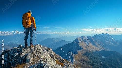 A hiker on top of a mountain peak, overlooking a breathtaking view of rugged mountains and valleys under a clear blue sky.