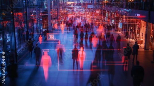 Advanced High-Tech Security System Monitoring a Crowded Mall for Safety Threats, Digital Safety Checks in Progress