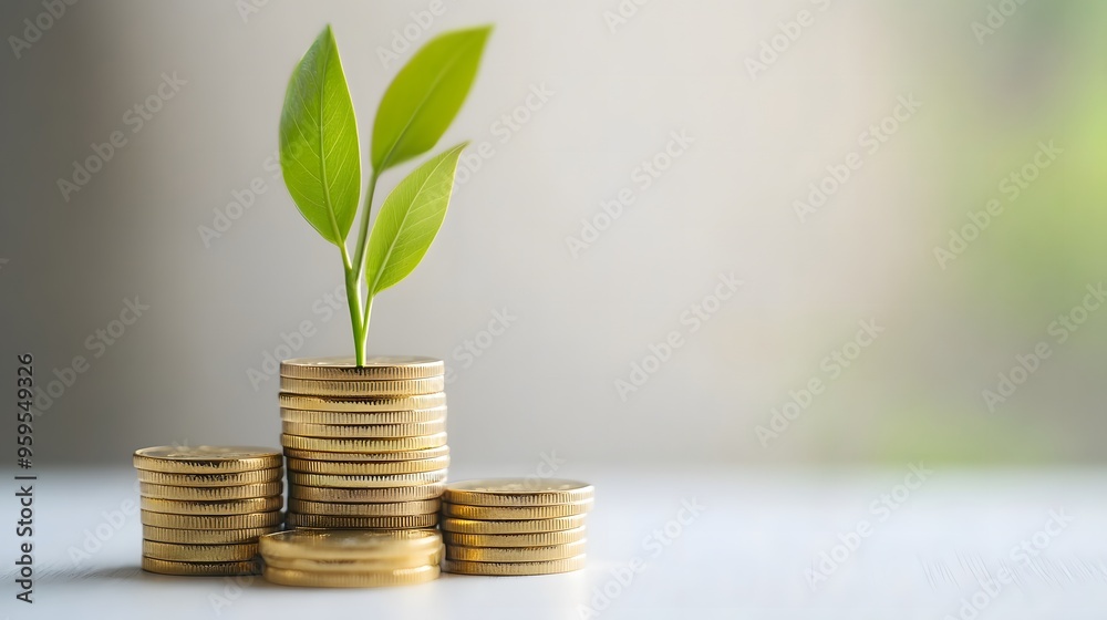 Green plant growing from a stack of gold coins, symbolizing financial growth, sustainability, and investment, isolated on a white background, ideal for economic and ecological concepts Green plant growing from a stack of gold coins, symbolizing financial growth, sustainability, and investment, isolated on a white background, ideal for economic and ecological concepts