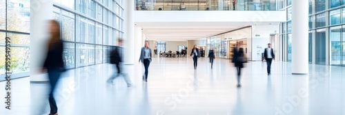 In a bright, modern office, professionals walk through an expansive space with sleek architecture, engaging in various activities throughout the workday