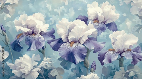 Beautiful floral pattern featuring delicate irises in shades of blue and white, perfect for home decor or textile design.