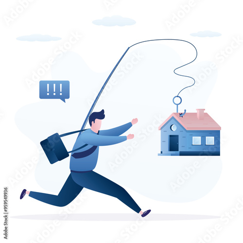 Expensive real estate, difficulty getting mortgage to buy house for young people. Worker man running after an unobtainable home representing struggles of first time home buyers.