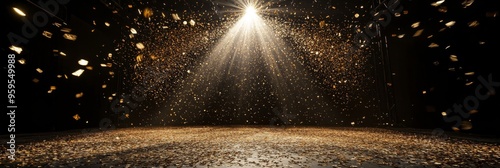 Golden confetti falls gracefully onto an empty stage, illuminated by a spotlight that enhances the festive ambiance, creating a captivating prelude to a performance