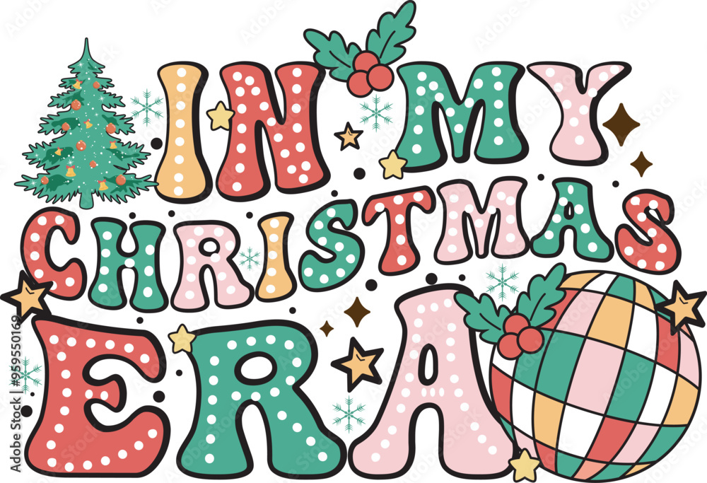 Fototapeta premium In My Christmas Era Groovy Christmas Doodle Dots T shirt Design