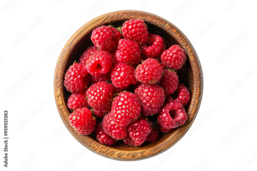 Red Raspberry group inside wooden bowl from top view isolated on background, flat lay of juicy berry fruit. Red Raspberry group inside wooden bowl from top view isolated on background, flat lay of juicy berry fruit.