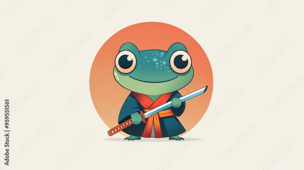 Obraz premium A playful illustration featuring a samurai frog wielding a katana, dressed in a stylish kimono against a circular backdrop.