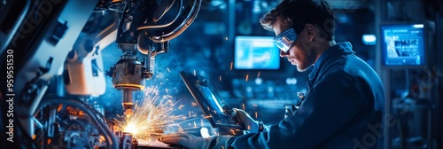 An engineer closely observes and controls a robotic welding arm in a cutting-edge manufacturing environment, ensuring precision and safety during the welding process