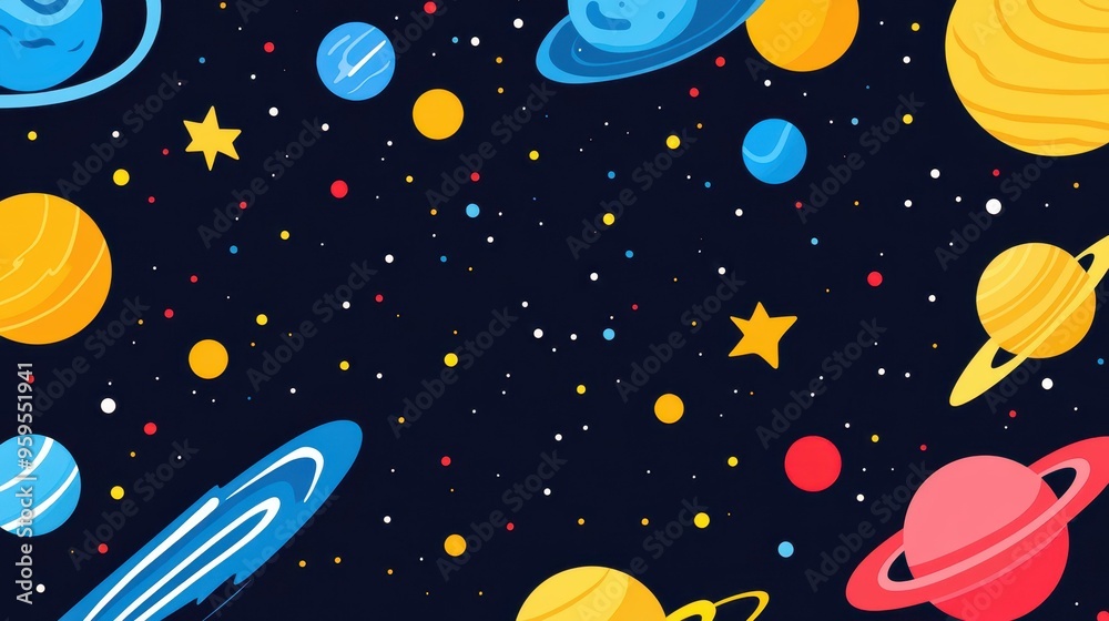 Explore a vibrant galaxy filled with abstract shapes and planets, perfect for adding a cosmic touch to your space designs.