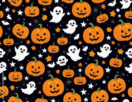  A festive Halloween-themed illustration with pumpkins, ghosts, bats, and skulls. The design is vector-based and is placed on a white background.